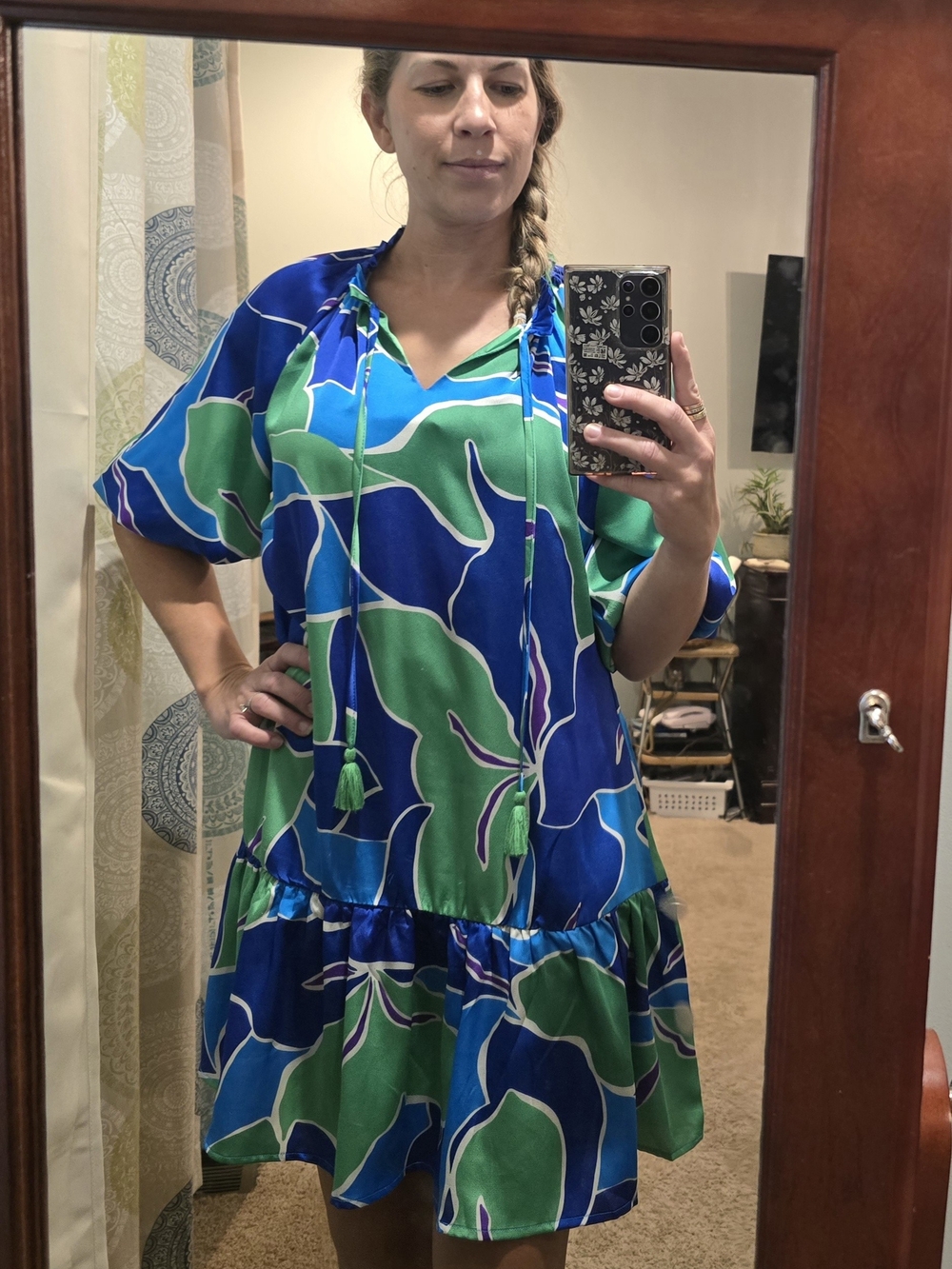 Umgee Blue & Green Floral Tie-Neck Mini Dress